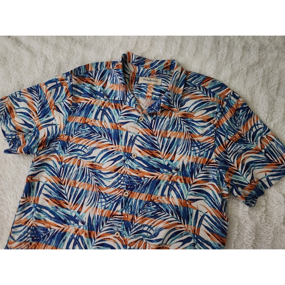Tommy Bahama Men's XL Shirt Silk Blend Blue Orange Palm Leaf‎ Striped Short...